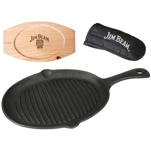 Jim Beam BBQ Grillpfanne, Gusseisen (Set), 4 Stk., inkl. Griffüberzug und Holzuntersetzer