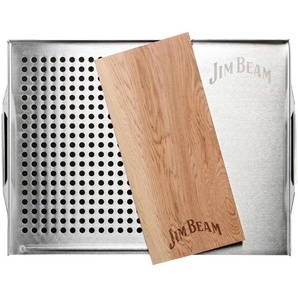 Grillplatte JIM BEAM BBQ Grillroste Gr. Ø 29 cm, silberfarben Grillzubehör Backblech Grillauflage mit Zedernholz-Platte, ø 29 cm