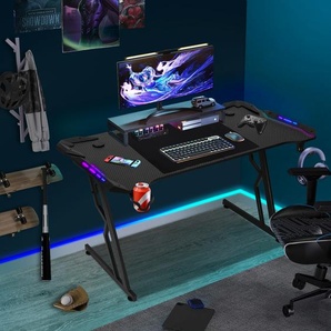 Jopassy Z-förmiger Gaming Schreibtisch Computertisch Bürotisch Gamer Tisch met Getränkehalter Kopfhörerhalter Mauspad LED und Fernbedienun (140x60cm) RL-HG9788-1-OTc