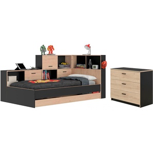 Jugendzimmer-Set GAMI Erwan Schlafzimmermöbel-Sets Gr. B/H/T: 120 cm x 104 cm x 221 cm, ohne Matratze, B/H: 90 cm x 200 cm, schwarz (kastanie natur, schwarz) Baby Komplett-Kinderzimmer Ideal für Kinder- und Jugendzimmer