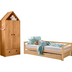 Jugendzimmer-Set LÜTTENHÜTT Alpi Schlafzimmermöbel-Sets beige (gebeizt, gewachst) Baby Komplett-Kinderzimmer Daybed mit 2. Liegefläche + Kleiderschrank in Hausoptik, platzsparend