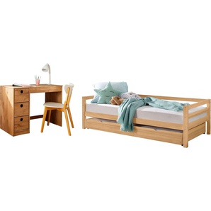 Jugendzimmer-Set LÜTTENHÜTT Alpi Schlafzimmermöbel-Sets beige (gebeizt, gewachst) Baby Komplett-Kinderzimmer Daybed mit 2. Liegefläche und Schreibtisch Stauraum, platzsparend