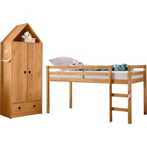 Jugendzimmer-Set LÜTTENHÜTT Alpi Schlafzimmermöbel-Sets beige (gebeizt, gewachst) Baby Komplett-Kinderzimmer Hochbett und Kleiderschrank in Hausoptik, perfekt für kleine Räume