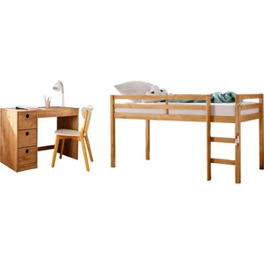 Jugendzimmer-Set LÜTTENHÜTT Alpi Schlafzimmermöbel-Sets beige (gebeizt, gewachst) Baby Komplett-Kinderzimmer Hochbett und Schreibtisch mit Stauraum, perfekt für kleine Räume