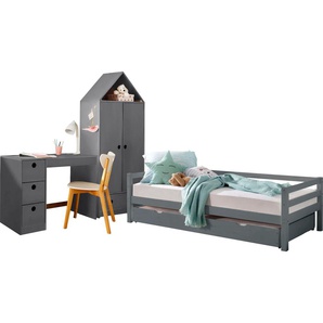 Jugendzimmer-Set LÜTTENHÜTT Alpi Schlafzimmermöbel-Sets grau Baby Komplett-Kinderzimmer Daybed, Schreibtisch mit Stauraum und Kleiderschrank in Hausoptik
