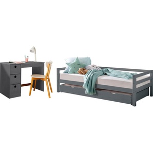 Jugendzimmer-Set LÜTTENHÜTT Alpi Schlafzimmermöbel-Sets grau Baby Komplett-Kinderzimmer Daybed mit 2. Liegefläche und Schreibtisch Stauraum, platzsparend