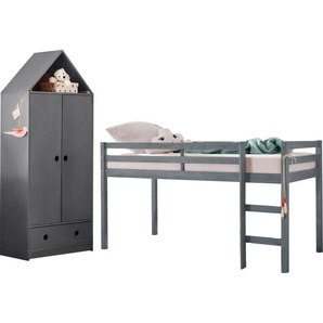 Jugendzimmer-Set LÜTTENHÜTT Alpi Schlafzimmermöbel-Sets grau Baby Komplett-Kinderzimmer Hochbett und Kleiderschrank in Hausoptik, perfekt für kleine Räume