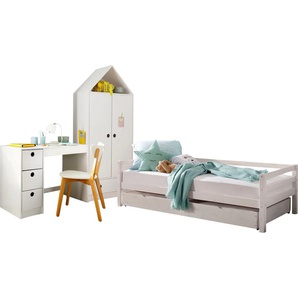 Jugendzimmer-Set LÜTTENHÜTT Alpi Schlafzimmermöbel-Sets weiß Baby Komplett-Kinderzimmer Daybed, Schreibtisch mit Stauraum und Kleiderschrank in Hausoptik