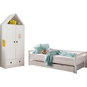 Jugendzimmer-Set LÜTTENHÜTT Alpi Schlafzimmermöbel-Sets weiß Baby Komplett-Kinderzimmer Daybed mit 2. Liegefläche + Kleiderschrank in Hausoptik, platzsparend