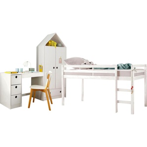 Jugendzimmer-Set LÜTTENHÜTT Alpi Schlafzimmermöbel-Sets weiß Baby Komplett-Kinderzimmer Hochbett, Schreibtisch und Kleiderschrank in Hausoptik, platzsparend
