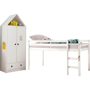 Jugendzimmer-Set LÜTTENHÜTT Alpi Schlafzimmermöbel-Sets weiß Baby Komplett-Kinderzimmer Hochbett und Kleiderschrank in Hausoptik, perfekt für kleine Räume