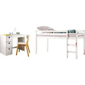 Jugendzimmer-Set LÜTTENHÜTT Alpi Schlafzimmermöbel-Sets weiß Baby Komplett-Kinderzimmer Hochbett und Schreibtisch mit Stauraum, perfekt für kleine Räume
