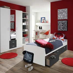Jugendzimmer-Set RAUCH Point Schlafzimmermöbel-Sets Gr. Kleiderschrank 3-türig, schwarz-weiß (weiß, graumetallic) Baby Komplett-Kinderzimmer