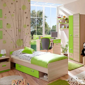 Jugendzimmer-Set TICAA Lori Schlafzimmermöbel-Sets Gr. B/H: 80 cm x 190 cm, grün (eschefarben, grün) Baby Komplett-Kinderzimmer Bett + Schrank Schreibtisch Standregal Wandregal Nachttisch