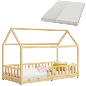 Juskys - Kinderbett Marli 90 x 200 cm mit Matratze, Rausfallschutz, Lattenrost & Dach - Massivholz Hausbett für Kinder - Bett in Natur
