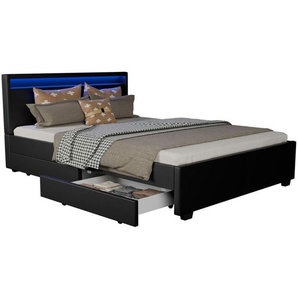 Juskys LED Polsterbett Lyon mit Bettkasten – Bettgestell aus Holz & Kunstleder mit Lattenrost – Einzelbett Jugendzimmer Möbel – 140 x 200 cm - schwarz