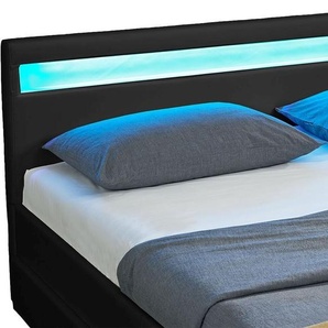 Juskys Polsterbett Lyon 140 x 200 cm schwarz – Bettgestell mit Lattenrost, Bettkasten & LED Beleuchtung – Kunstleder & Holz – Bett Jugendbett 28962