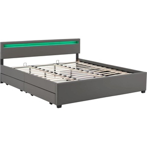 Juskys Polsterbett Lyon 180 x 200 cm grau – Bettgestell mit Lattenrost, Bettkasten & LED Beleuchtung – Kunstleder & Holz – Bett Doppelbett 28968