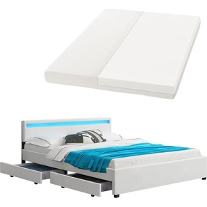 Juskys Polsterbett Lyon 180 x 200 cm mit Bettkasten, LED Beleuchtung, Lattenrost & Matratze - Kunstleder & Holz – Bett Bettgestell Doppelbett weiß 28963999