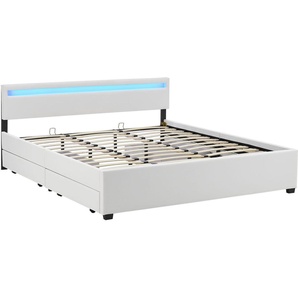 Juskys Polsterbett Lyon 180 x 200 cm weiß – Bettgestell mit Lattenrost, Bettkasten & LED Beleuchtung – Kunstleder & Holz – Bett Doppelbett 28963