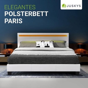 Juskys Polsterbett Paris 140 x 200 cm Kunstleder mit LED & Lattenrost - Weiß 28901