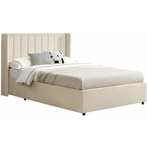Juskys Polsterbett Savona 140x200 cm - Bett mit Stauraum, Lattenrost, Samt-Bezug - Bettgestell aus Holz, bis 250 kg, großes Kopfteil - Beige