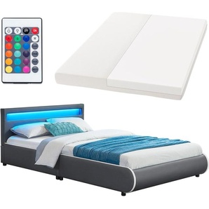 Juskys Polsterbett Sevilla 140 x 200 cm mit Matratze, Lattenrost, LED Beleuchtung & Kopfteil - Kunstleder & Holz - Bett Bettgestell Jugendbett grau 28924999