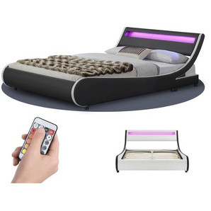 Juskys Polsterbett Valencia – Bettgestell mit Lattenrost & LED Beleuchtung im Kopfteil – Bett aus Kunstleder & Holz – Doppelbett 180 x 200 cm, schwarz