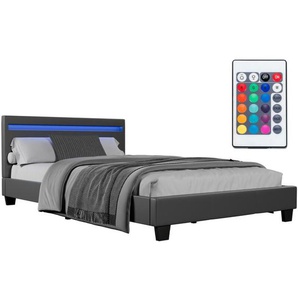 Juskys Polsterbett Verona – Bettgestell mit LED-Beleuchtung, Lattenrost & Kopfteil – Bett aus Holz & Kunstleder – Jugendbett 120 x 200 cm in Grau