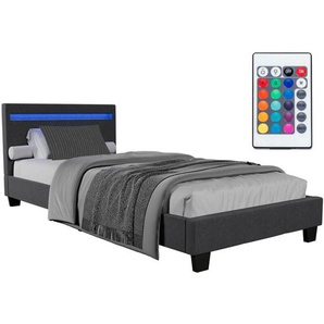 Juskys Polsterbett Verona – Bettgestell mit LED-Beleuchtung, Lattenrost & Kopfteil – Bett aus Holz & Webstoff– Jugendbett 90 x 200 cm in Grau