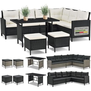 Juskys Polyrattan Lounge Manacor - Sofa, Tisch, Hocker & Kissen - Schwarz & Creme 200182
