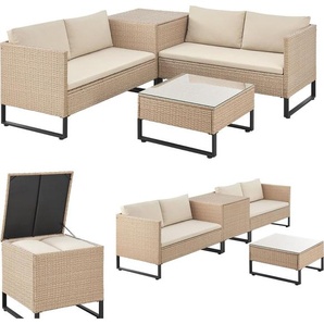 Juskys Polyrattan Lounge Santorini - Sitzecke mit Beistelltisch & Auflagenbox - Creme 300873