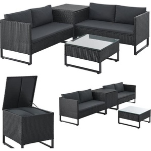 Juskys Polyrattan Lounge Santorini - Sitzecke mit Beistelltisch & Auflagenbox - Schwarz 300871