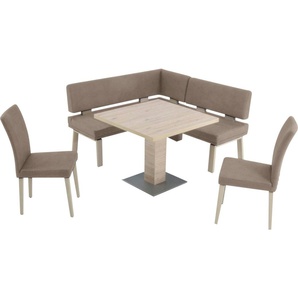K+W Komfort & Wohnen Eckbankgruppe Santos I, gleichschenklig 157cm, zwei 4-Fußholzstühle und Tisch 90x90cm, Eiche