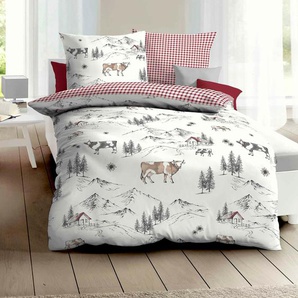 Wendebettwäsche KAEPPEL Allgäu Bettwäsche Gr. B/L: 155 cm x 220 cm (1 St.), B/L: 80 cm x 80 cm (1 St.), Feinbiber, rot Bettwäsche 155x220 cm mit Kühen