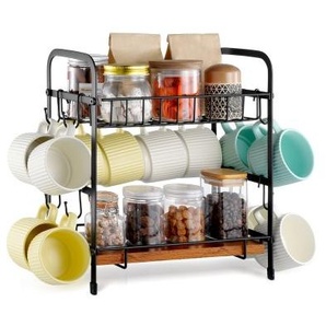Kaffeebar-Organizer Becherhalter mit 2 Ebenen multifunktionaler Tassenhalter und Kaffeestation, 12 bewegliche Haken & 2 Ablagen zur Aufbewahrung und Präsentation von Kaffeezubehör (Schwarz) LYSMKBGJBGSLN4HGLV0