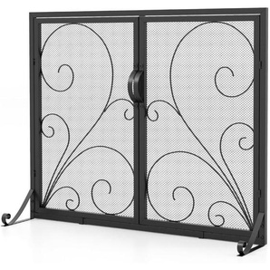 Kaminschutzgitter mit Doppeltüren, Kamingitter mit stabilen Stützhalterungen hinten & vorne, Kamin Funkenschutz, Kaminzaun, Kaminfunkenschutz,