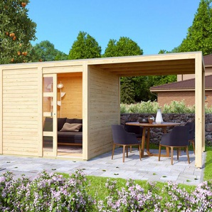 Karibu Gerätehaus mit Schiebetür und 1 m Anbaudach - naturfarben -