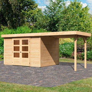 Gartenhaus KARIBU Arnis 5 SET anthrazit mit Anbaudach 2,40 m Breite Gartenhäuser Gr. ohne Fußboden, ohne Rück- und Seitenwand, ohne Dacheindeckung, beige (naturbelassen) Gartenhäuser aus Holz