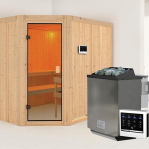 KARIBU Sauna Homa  mit bronzierter Tür und Ofen 9 kW Bio ext. Strg. Saunen mit integrierter Mineralwolldämmung beige (naturbelassen) Saunen