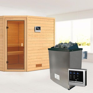 KARIBU Sauna Leona mit bronzierter Tür Ofen 9 KW externe Strg modern Saunen aus hochwertiger nordischer Fichte beige (naturbelassen) Saunen
