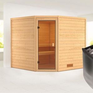 KARIBU Sauna Leona mit bronzierter Tür Ofen 9 kW integr. Strg Saunen aus hochwertiger nordischer Fichte beige (naturbelassen) Saunen