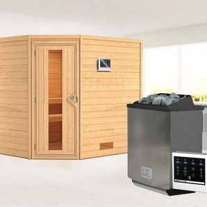 KARIBU Sauna Leona mit Energiespartür Ofen 9 kW Bio externe Strg modern Saunen aus hochwertiger nordischer Fichte beige (naturbelassen) Saunen