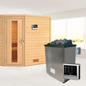 KARIBU Sauna Leona mit Energiespartür Ofen 9 KW externe Strg modern Saunen aus hochwertiger nordischer Fichte beige (naturbelassen) Saunen