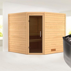 KARIBU Sauna Leona mit graphitfarbener Tür Ofen 9 kW integr. Strg Saunen aus hochwertiger nordischer Fichte beige (naturbelassen) Saunen