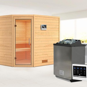 KARIBU Sauna Leona mit Klarglastür 2 Ofen 9 kW Bio externe Strg modern Saunen aus hochwertiger nordischer Fichte beige (naturbelassen) Saunen