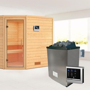 KARIBU Sauna Leona mit Klarglastür 2 Ofen 9 KW externe Strg modern Saunen aus hochwertiger nordischer Fichte beige (naturbelassen) Saunen