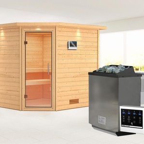 KARIBU Sauna Leona mit Klarglastür und Kranz Ofen 9 kW Bio externe Strg modern Saunen aus hochwertiger nordischer Fichte beige (naturbelassen) Saunen