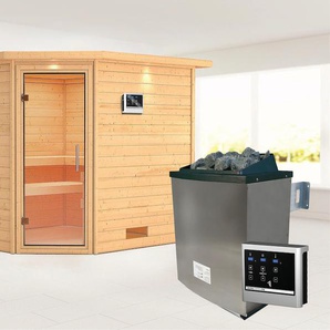KARIBU Sauna Leona mit Klarglastür und Kranz Ofen 9 KW externe Strg modern Saunen aus hochwertiger nordischer Fichte beige (naturbelassen) Saunen