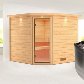 KARIBU Sauna Leona mit Klarglastür und Kranz Ofen 9 kW integr. Strg Saunen aus hochwertiger nordischer Fichte beige (naturbelassen) Saunen